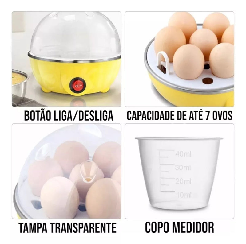Cozedor Elétrico p/ até 7 ovos e outros alimentos - Automático, Portátil, Níveis de cozimento